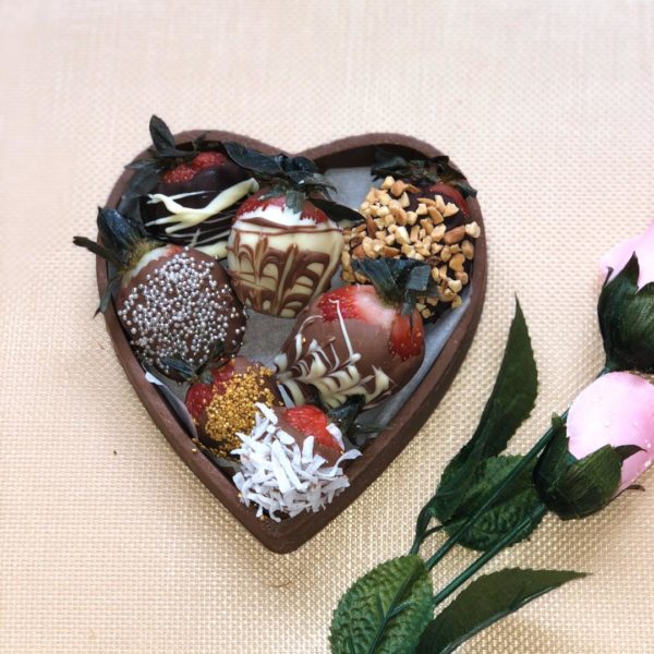 Heart Shaped Jewelry Chocolate Box filled with chocolate dipped strawberries- 5"