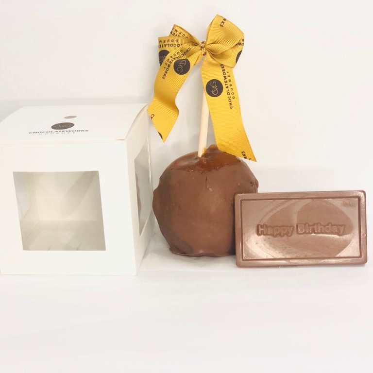 Caramel Apple Dipped in Chocolate with Happy Birthday